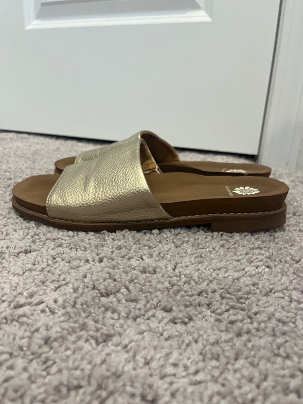 Yellow Box Metallic Gold Slide Sandals with Wide Textured Strap - Picture 2 of 6